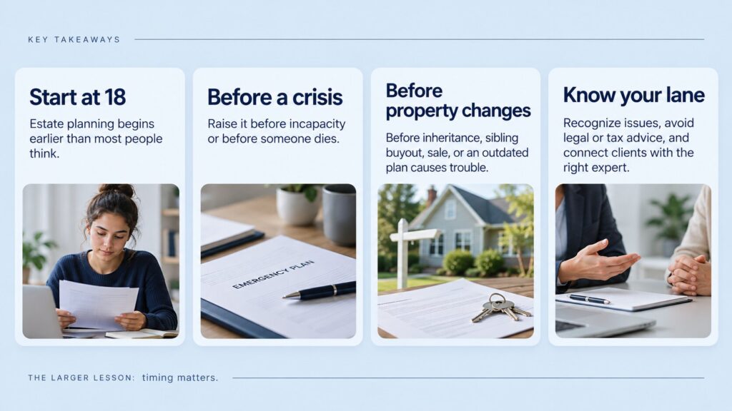Rebecca Secord of Your Home Legal estate planning infographic highlighting when to start planning, including before a crisis, property changes, or major family decisions.