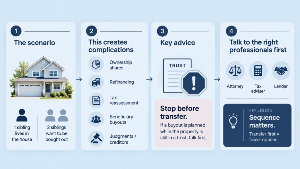 Rebecca Secord of Your Home Legal estate planning infographic showing why homeowners should review trusts, taxes, refinancing, and beneficiary issues before transferring property.
